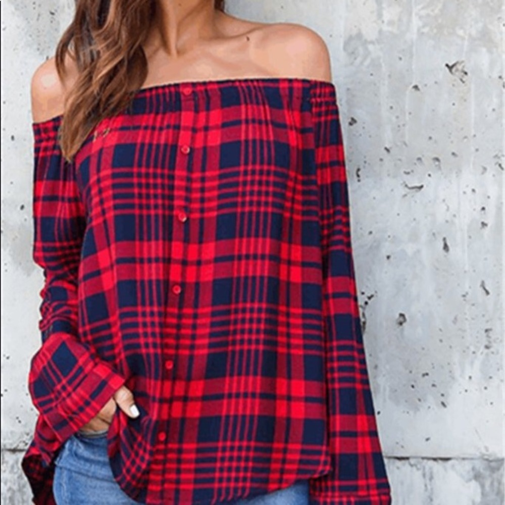 Red Lattice Off The Shoulder Loose Shirt